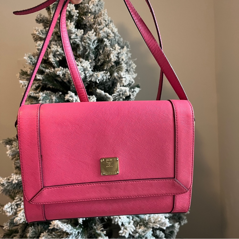 MCM Hot Pink Leather Crossbody with Gold Plaque